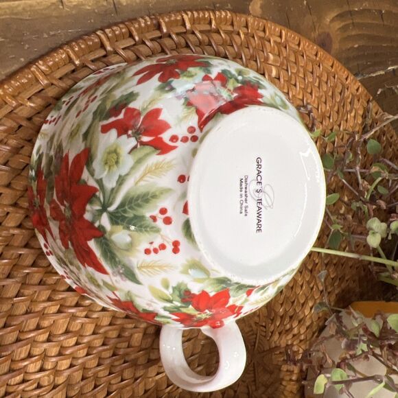 Grace’s Teaware Set of 2 Cups (Large) with Poinsettias, Christmas, Holiday - Picture 4 of 6